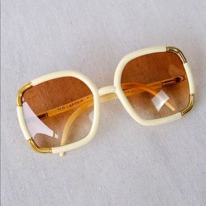 Vintage 1970s TED LAPIDUS Cream Square Oversized Sunglasses w/ Gold Accents